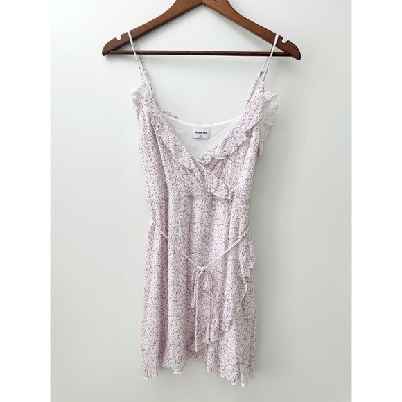 Aritzia Sunday Best Mini Dress Medium Countess Floral Ruffle Trim - Picture 2 of 11